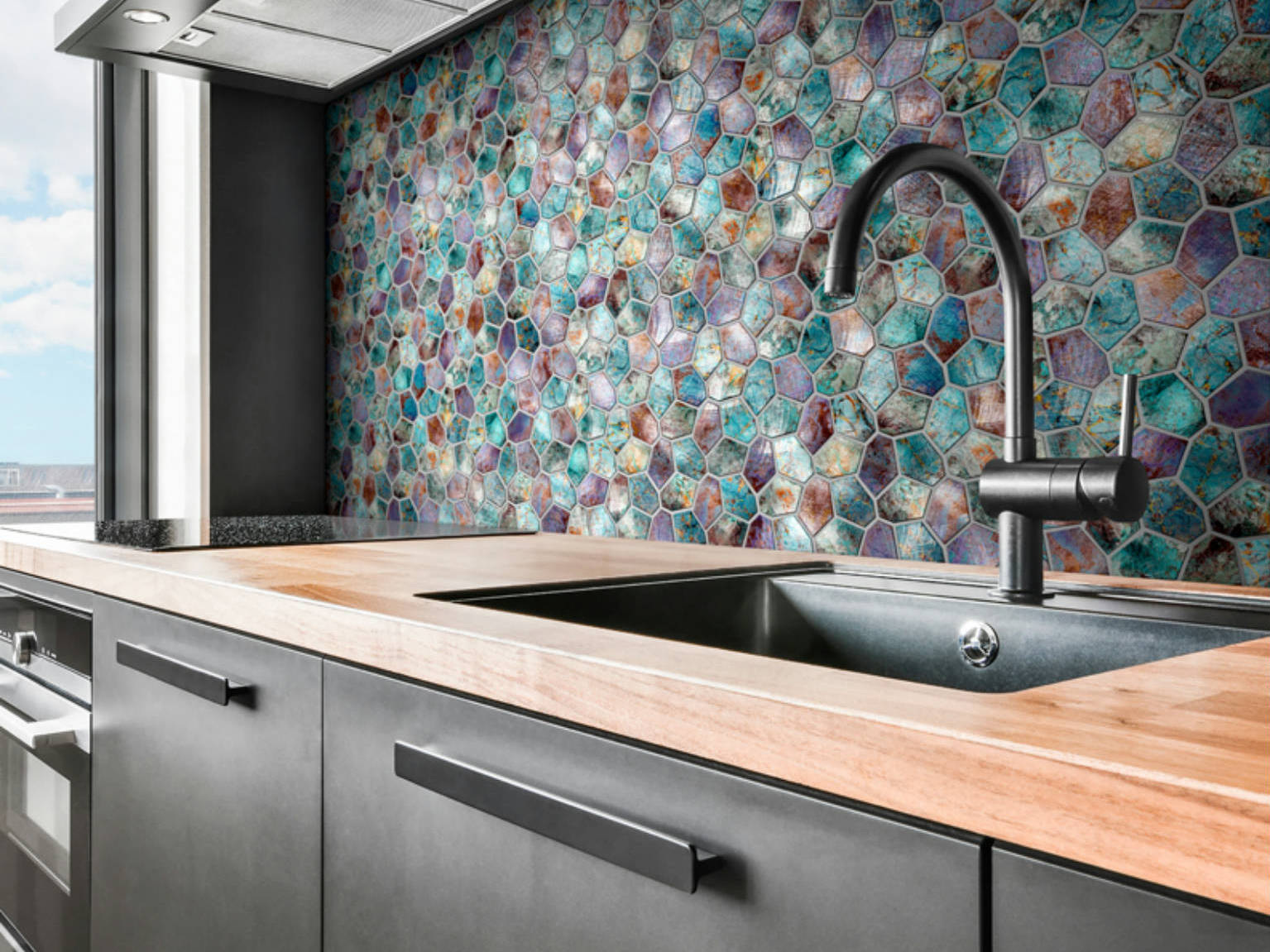 Hexagon Mix Metallic Green Rust Mosaic | Matteo Kitchens