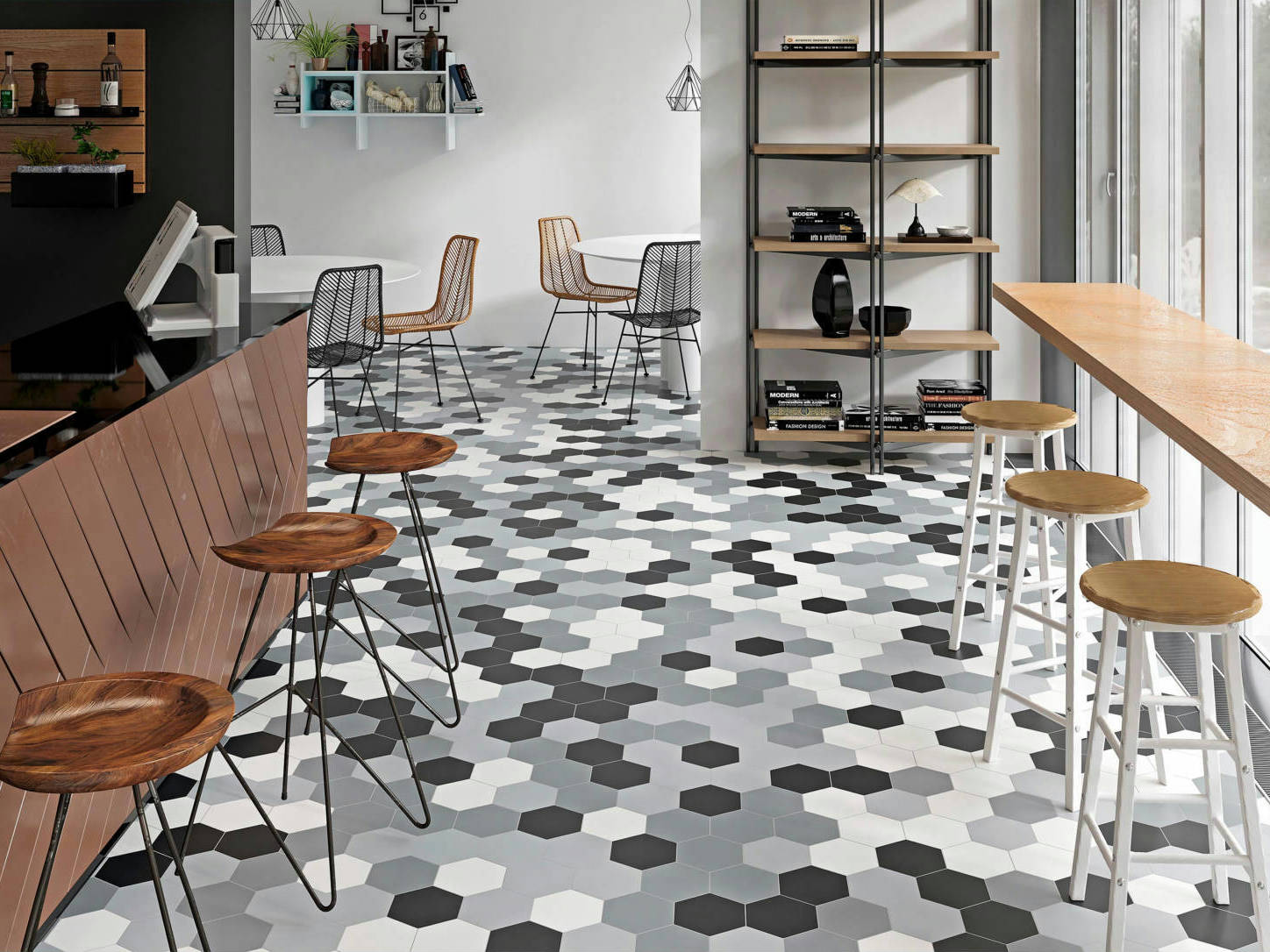 Vida 5.5X6.3” Black, Grey, Pearl, and White  Hexagons | Matteo Kitchens