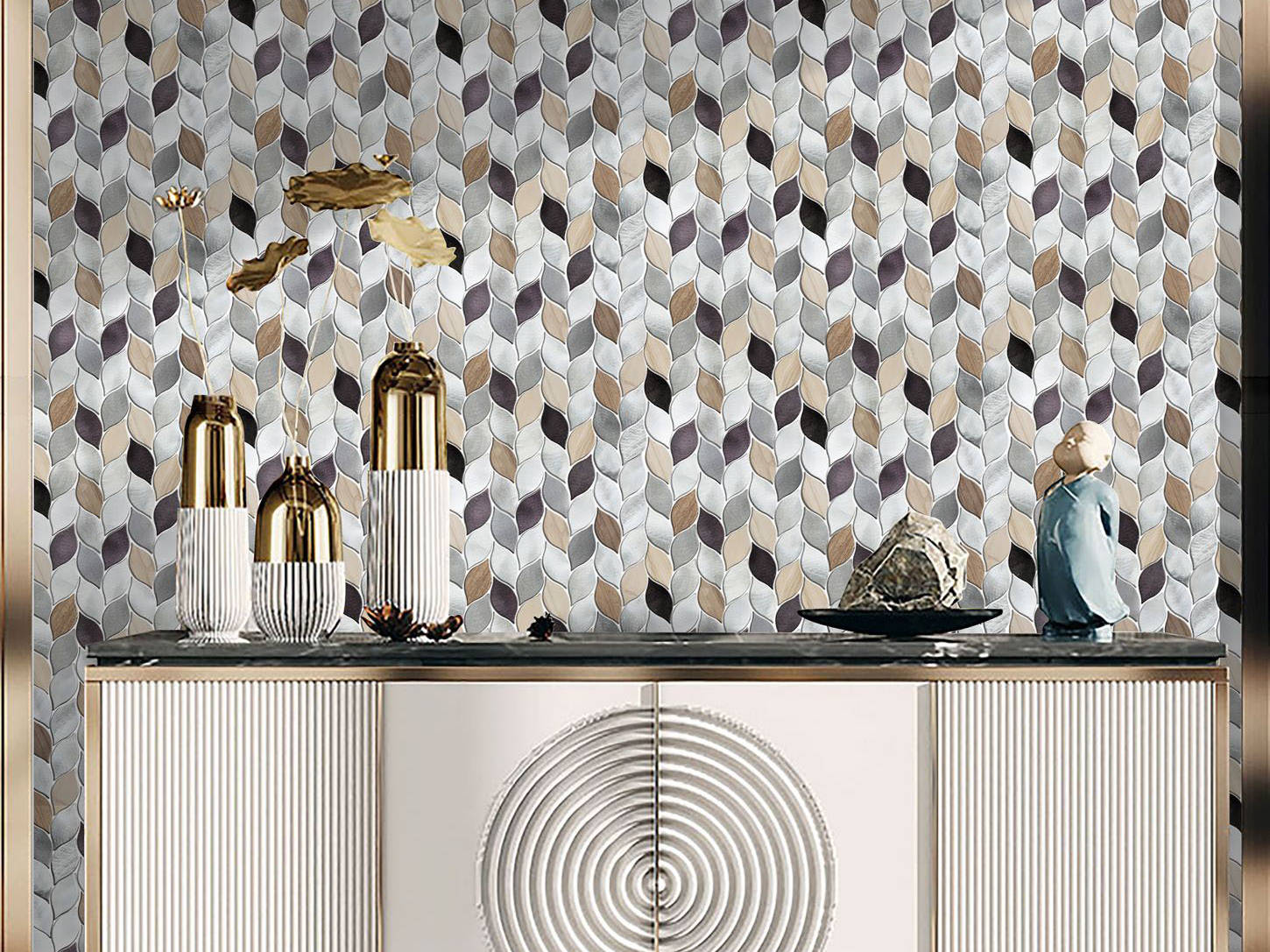 Aluminum & Marble Leaves Silver Grey Brown Mosaic 11 | Matteo Kitchens