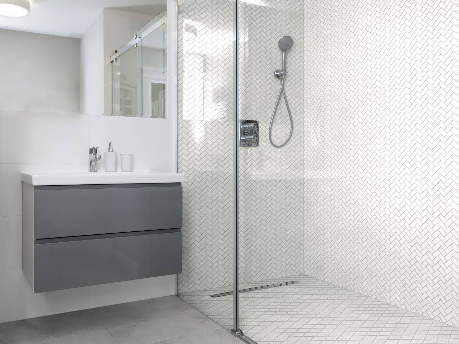 Herringbone Crystal + Crystal White  Marble Diamond | Matteo Kitchens